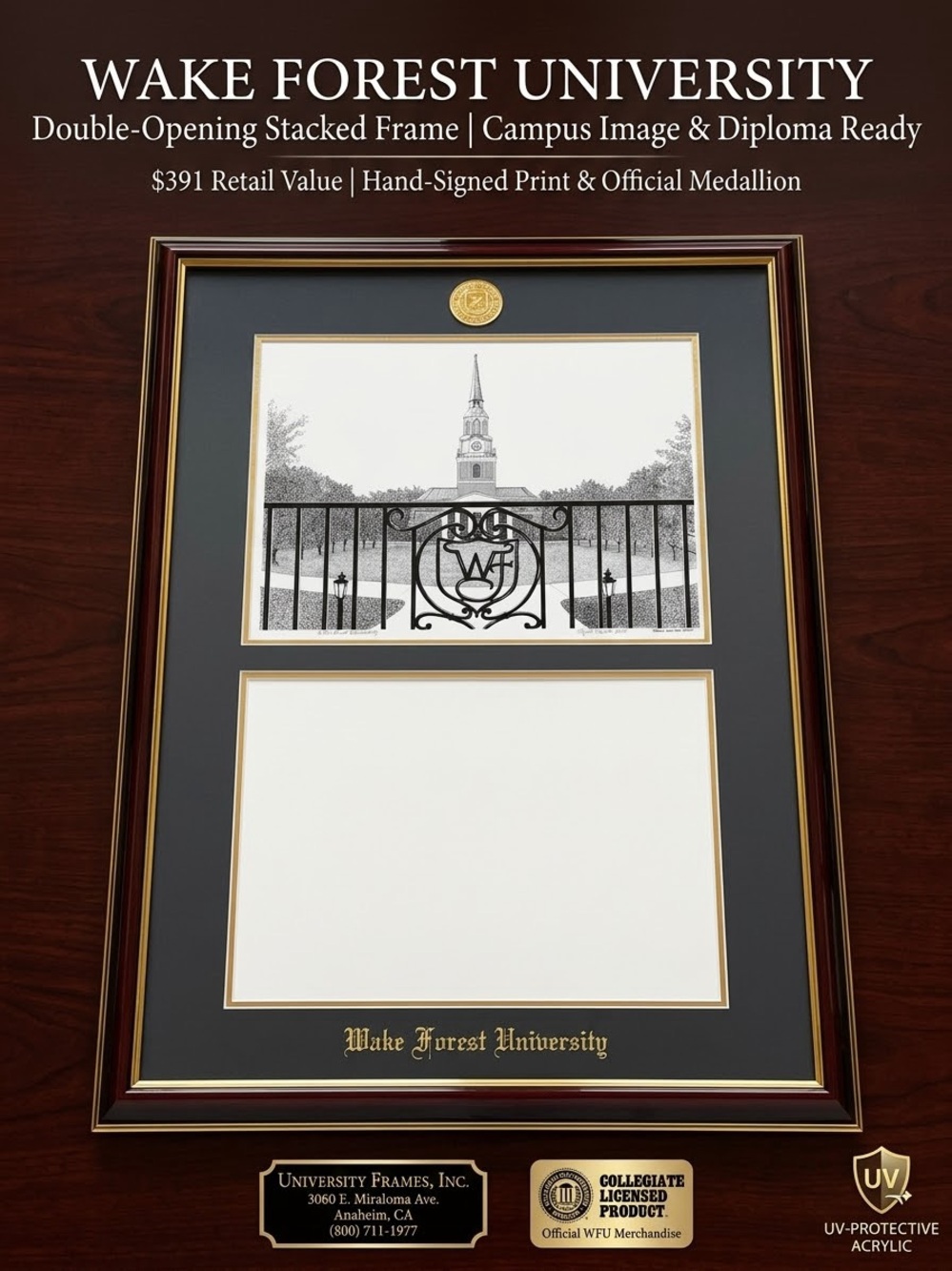 NWOT UNIVERSITY FRAMES Wake Forest Diploma Frame Campus Picture Double Opening